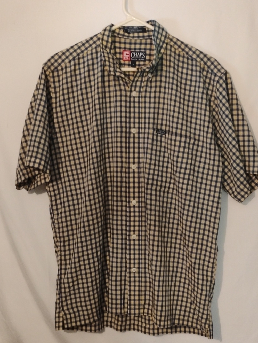 Chaps Ralph Lauren Men’s Short Sleeve Plaid Button-Up Shirt — Navy & Tan